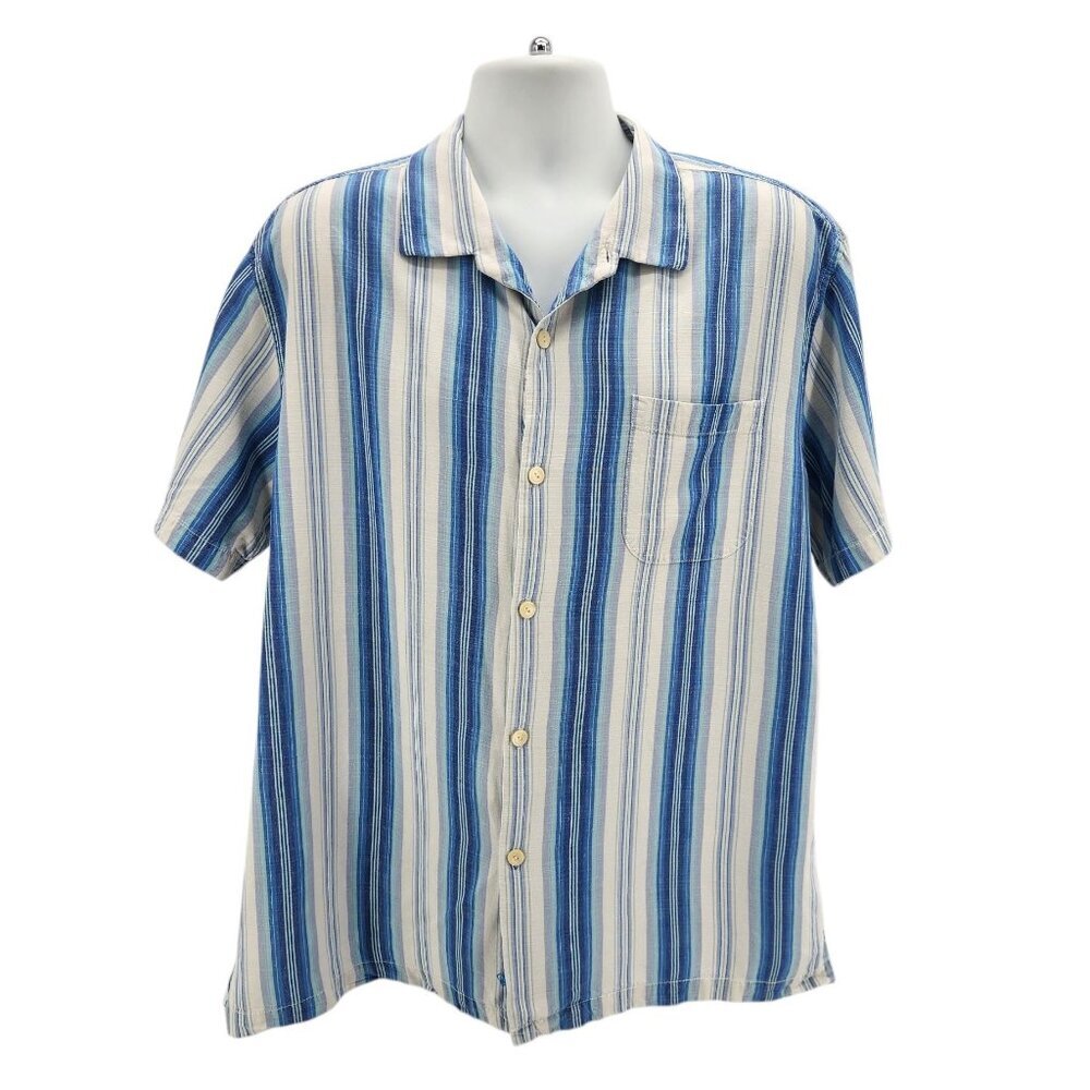 Tommy Bahama Mens XXL Button Shirt Silk Striped Blue White Beach Party Vacation